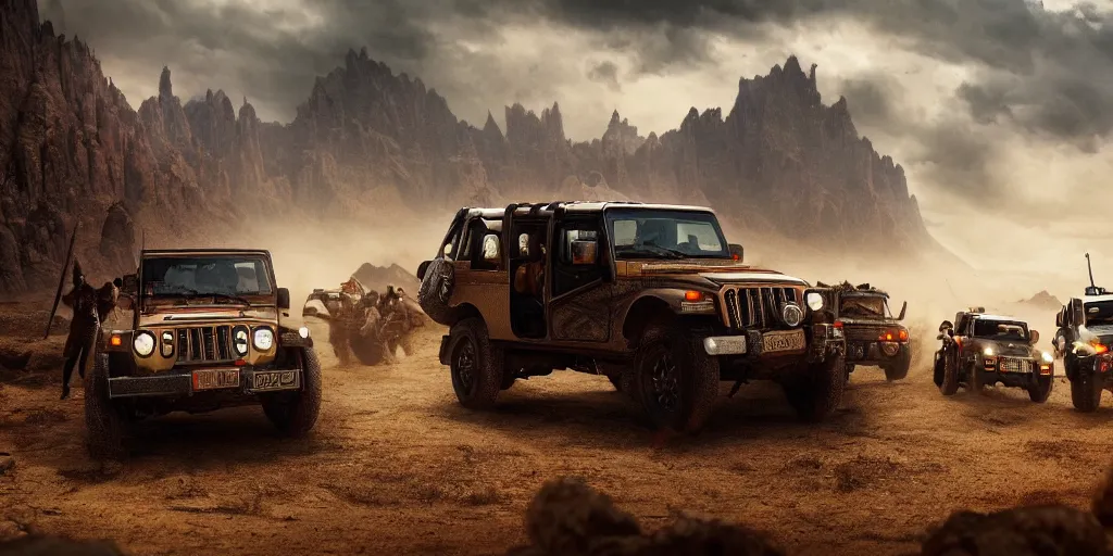 Image similar to Mahindra thar, tribe members attacking, action scene, an epic fantasy, dramatic lighting, cinematic, establishing shot, extremely high detail, photorealistic, cinematic lighting, artstation, by christopher nolan, horizon forbidden west