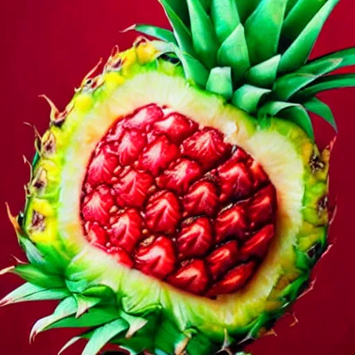 Prompt: A pineapple made of strawberry.