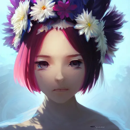 Image similar to portrait of anime pixie character with flower crown hair, manga cover, highly detailed, digital painting, artstation, concept art, sharp focus, illustration, strong brush stroke, anime, art by greg rutkowski, ilya kuvshinov, sharp focus, ghibli studio, art by ilya kuvshinov, rossdraws