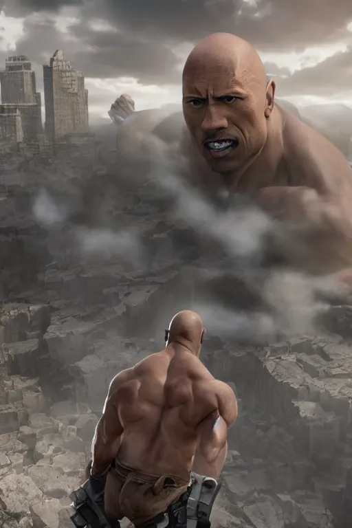 Prompt: girl dwayne the rock johnson female titan, 4 k screenshot from attack on titan, hyper detailed massive obama towering above, 8 k realistic, trending in artstation, digital painting, studio quality, cryengine