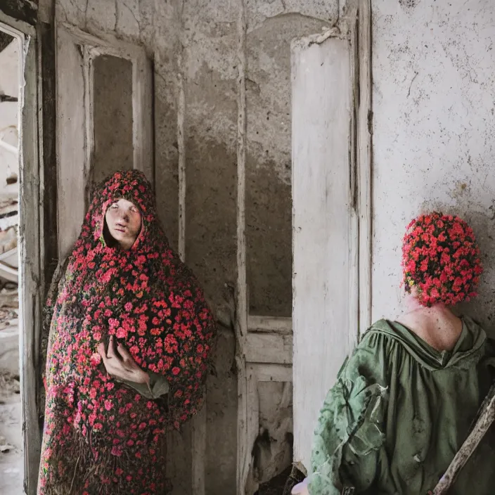 Prompt: a woman wearing a hooded cloak made of zinnias and barbed wire, in a derelict house, by Olivia Bee, natural light, detailed face, CANON Eos C300, ƒ1.8, 35mm, 8K, medium-format print