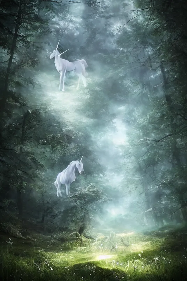 Image similar to a white unicorn in the forest, fireflies flying, dreamy and crystalline atmosphere ， super wide angle ， matte painting ， rtx on ， trending on cgsociety and artstation, volumetric light ， surreal