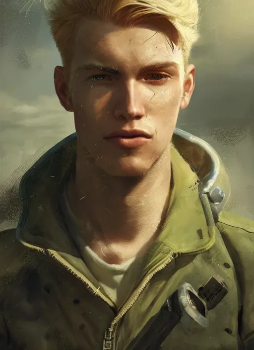 Prompt: portrait of a young man with blond hair with green house equipment from fallout 4, art by ryo shiotani and greg rutkowski, intricate, beautiful, cinematic lighting