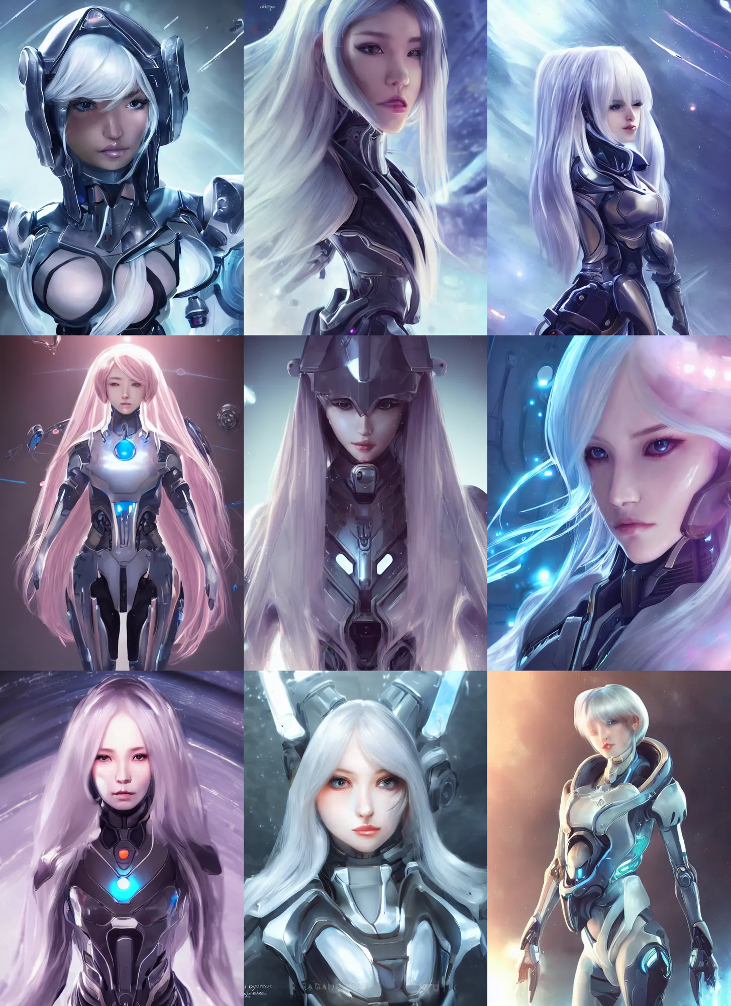 Prompt: perfect android girl, warframe armor, beautiful face, scifi, futuristic, space station, laboratory, bae suzy, dreamy, long white hair, blue cyborg eyes, cinematic lighting, highly detailed, very cute, focused, artstation, divine, by gauthier leblanc, kazuya takahashi, huifeng huang, jama jurabaev