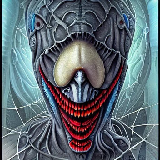 Prompt: giger fractal spider joker alien, by tristan eaton stanley artgerm and tom bagshaw.