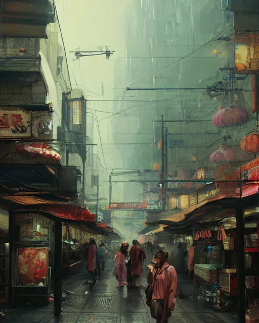 Image similar to a highly detailed epic cinematic concept art CG render digital painting artwork: Tokyo city market. By Greg Rutkowski, in the style of Francis Bacon and Syd Mead and Norman Rockwell and Beksinski, open ceiling, highly detailed, painted by Francis Bacon and Edward Hopper, painted by James Gilleard, surrealism, airbrush, Ilya Kuvshinov, WLOP, Stanley Artgerm, very coherent, triadic color scheme, art by Takato Yamamoto and James Jean