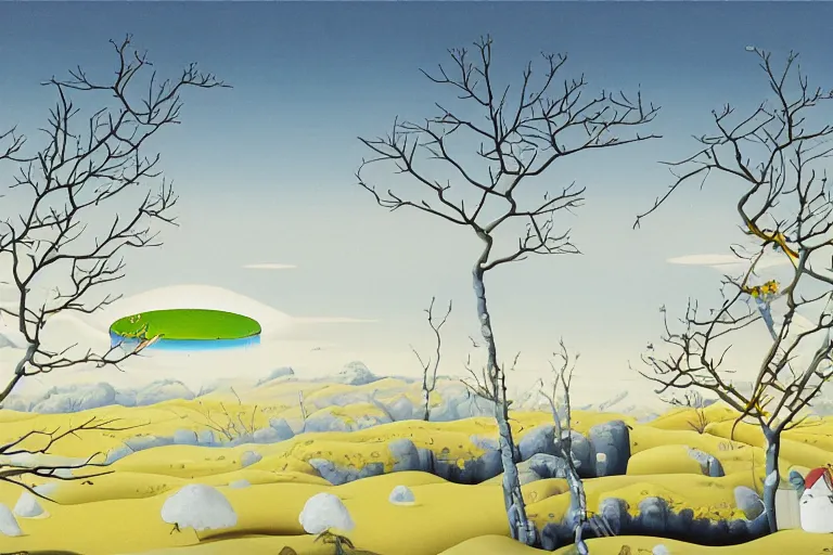 Image similar to A barren winter landscape by Chiho Aoshima and Salvador Dali