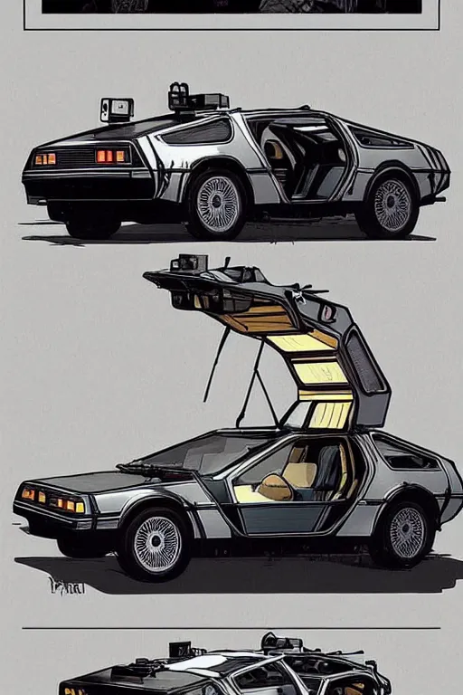 Image similar to Delorean car designed by Aplle that looks like it is from Borderlands and by Feng Zhu and Loish and Laurie Greasley, Victo Ngai, Andreas Rocha, John Harris
