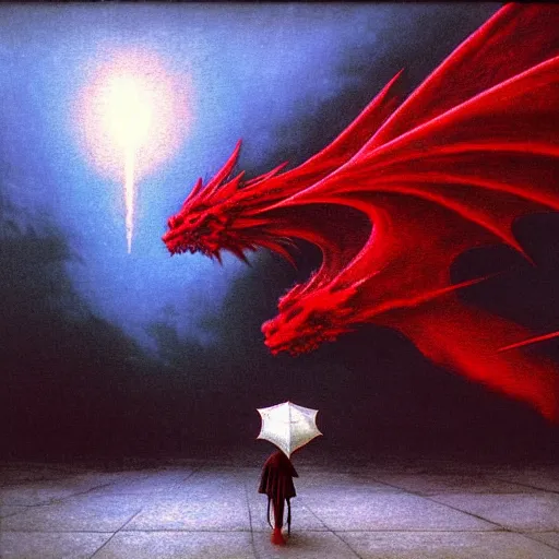 Image similar to grandmother from anime is walking on the pavement and is attacked by big red dragon, big red wings, before the storm, distant lightings in the clouds, beksinski style