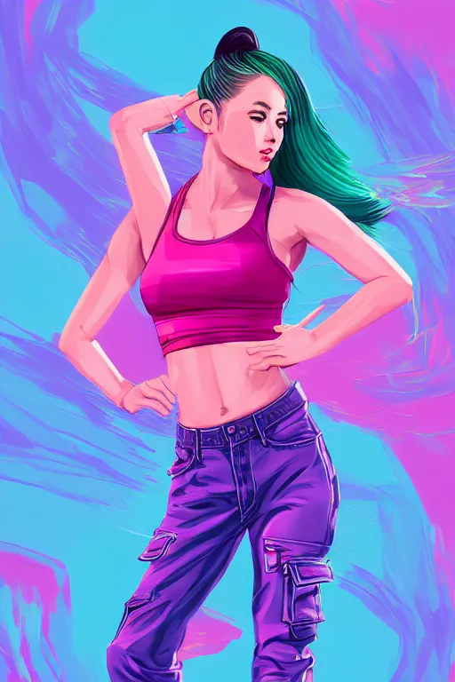 Image similar to a award winning half body porttrait of a beautiful woman in a croptop and cargo pants with ombre purple pink teal hairstyle with head in motion and hair flying, outrun, vaporware, shaded flat illustration, digital art, trending on artstation, highly detailed, fine detail, intricate