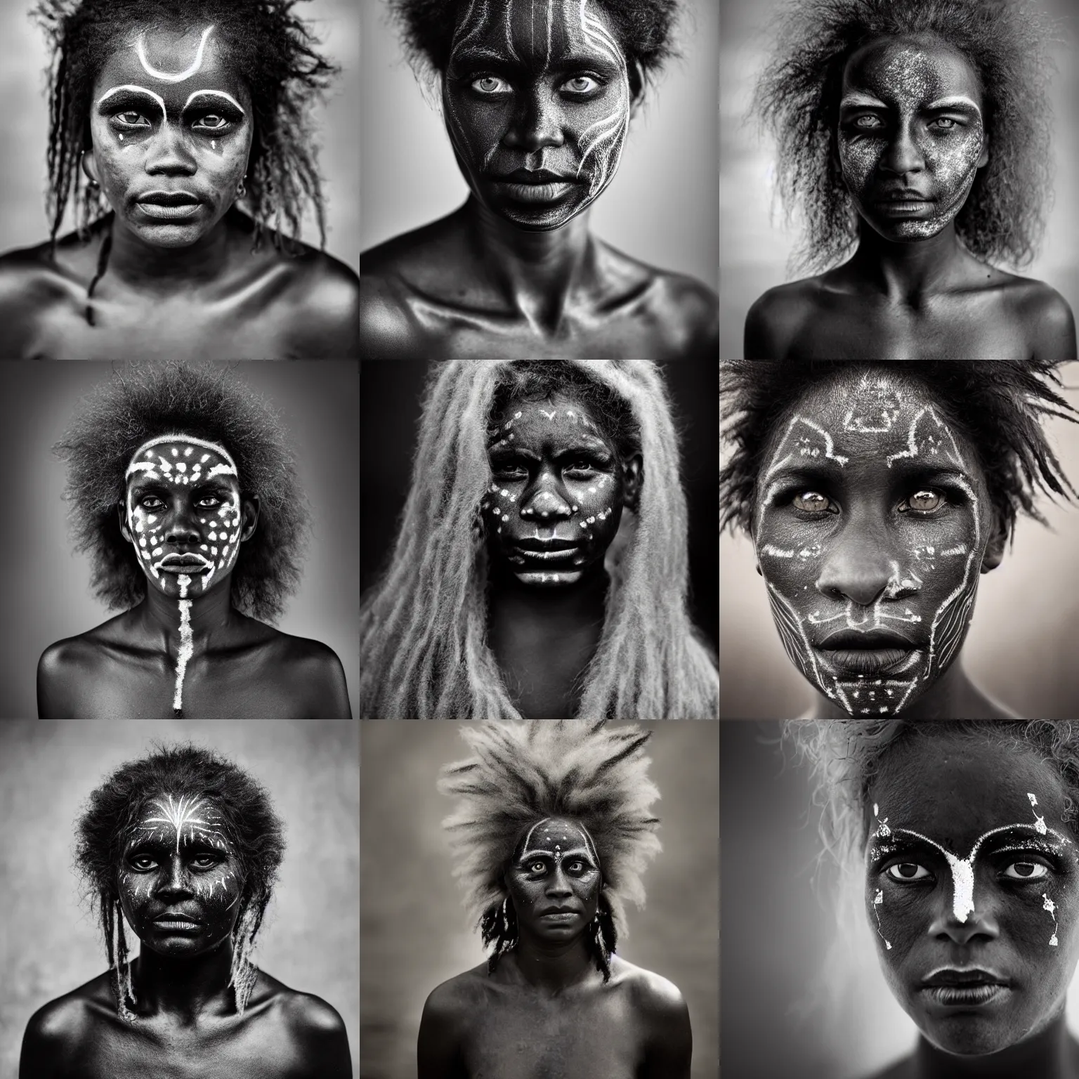 Prompt: Award Winning beautiful reportage Face Portrait of a Early-medieval sun-baked Antipodean black Aboriginal Female in fog with incredible hair and beautiful eyes wearing animal skin and traditional facepaint by Lee Jeffries, 85mm ND 5, perfect lighting, gelatin silver process