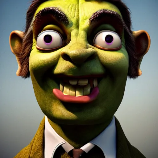 Image similar to Very very very very highly detailed epic central composition photo of Mr Bean as Shrek face, intricate, extremely detailed, digital painting, smooth, sharp focus, illustration, happy lighting, incredible art by Brooke Shaden, artstation, concept art, Octane render in Maya and Houdini