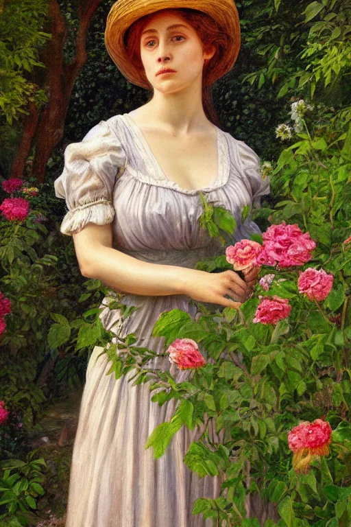 Prompt: beautiful painting of a woman in garden, in the style of the pre - raphaelites, sharp focus, global illumination, highly detailed, masterpiece, award winning, post processing