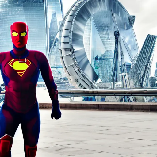 Image similar to portrait of a futuristic superhero, London behind him, hd, 4k realistic, award winning photo