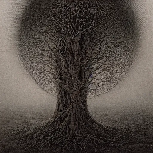 Prompt: Tree of sacral geometry in horror mist by Gustave Doré Greg Rutkowski zdzisław beksiński