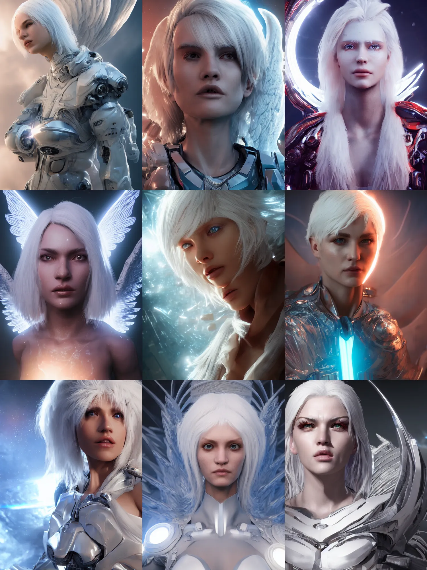 Prompt: portrait art of white haired cyborg angel, scifi background, 8k ultra realistic, lens flare, atmosphere, glow, detailed, intricate, full of colour, cinematic lighting, trending on artstation, 4k, hyperrealistic, focused, extreme details, unreal engine 5, cinematic, masterpiece