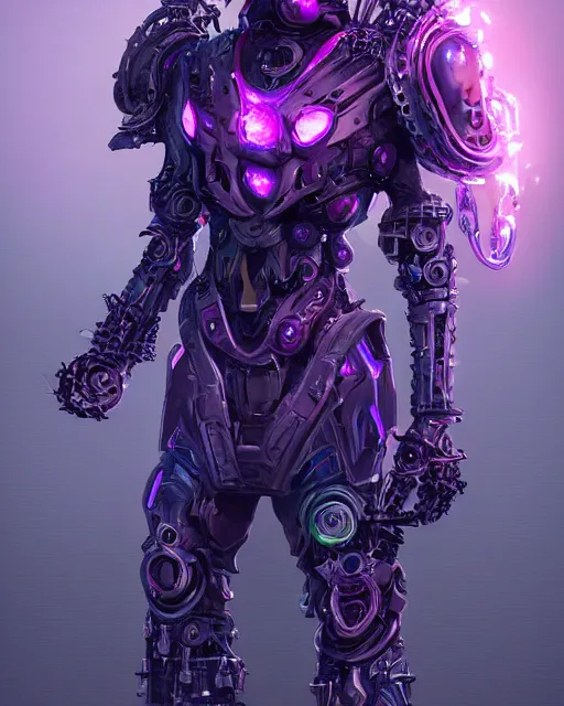 Image similar to Sci fi warlock armor made of mechanical parts conjuring necrotic energy, surrealism, smooth, intricate, elegant, demonic energy, power aura, neon glowing spells, digital painting, artstation, concept art, high tech fantasy, sharp focus, illustration, art by daytoner and vitaly bulgarov