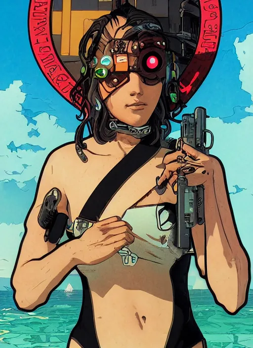 Prompt: cyberpunk beach lifeguard. swimsuit. portrait by ashley wood and alphonse mucha and laurie greasley and josan gonzalez and james gurney. splinter cell, apex legends, rb 6 s, hl 2, d & d, cyberpunk 2 0 7 7. realistic face. character clothing. vivid color. dystopian setting.