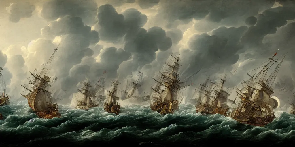 Prompt: an epic naval battle in the 1700s in a storm at night, high definition, high detail, photorealistic, 8k