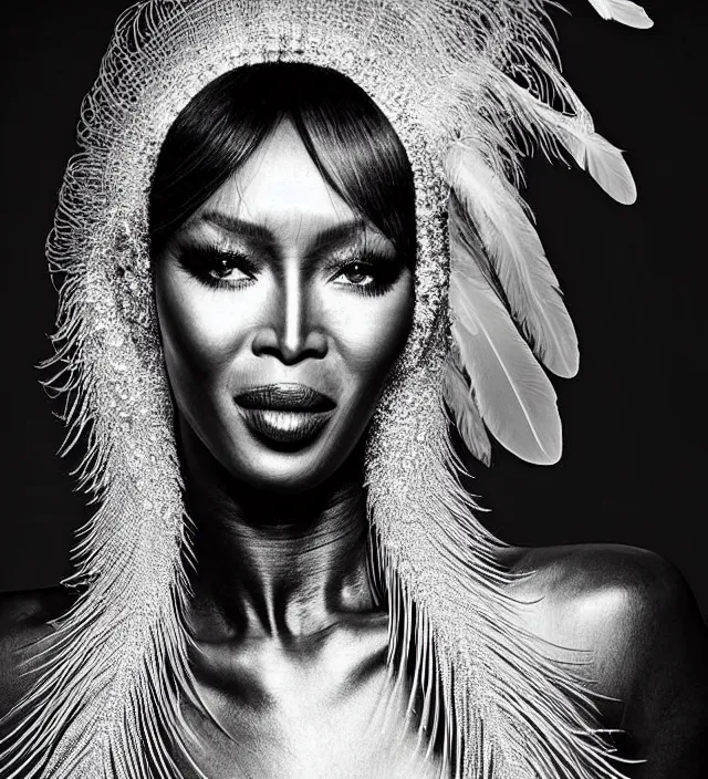 Prompt: photography face profil portrait of naomi campbell, natural pose, natural lighing, rim lighting, no flash, wearing a ornate transparent and metallic costume with feathers and cloth convolutions by iris van herpen, highly detailed, smooth, sharp foccus, kin grain detail, high detail, photography by by paolo roversi, creativity in fashion design