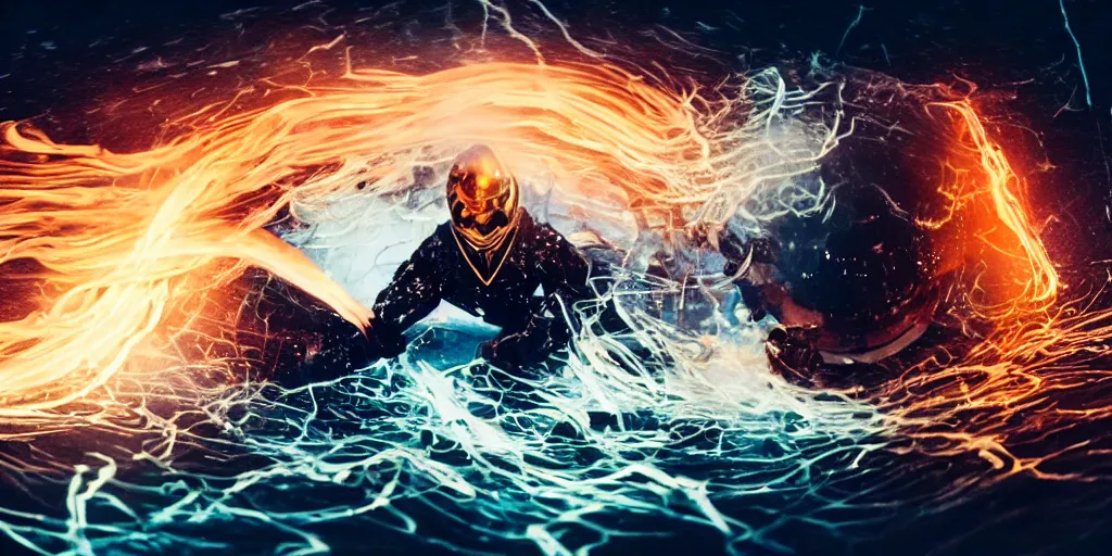 Image similar to VHS music video fisheye slow motion with lines fish shape of fire and smoke effect of futuristic break dancer wearing long dark cloak and golden helmet with X emitting fire and crystals, long exposure shot , enigmatic, at night half submerged by water, paddle of water, steam, fog, water splashes, rim lights, glossy reflections, water droplets on lens, octane render, Volumetric dynamic lighting, stunning cover magazine, high details, hajime sorayama