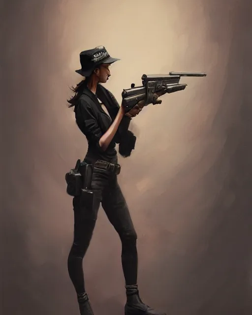 Image similar to Hyper realistic painting of a girl holding a gun, noir, hyper detailed, by greg rutkowski, trending on artstation