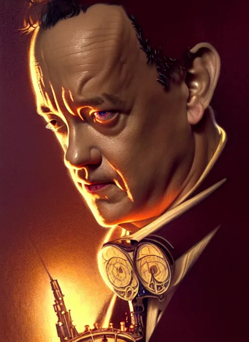 Prompt: portrait of tom hanks, volumetric lights, feast, music notes, art nouveau botanicals, gothic, intricate, highly detailed, digital painting, artstation, concept art, smooth, sharp focus, symmetric face, illustration, steampunk, art by artgerm and greg rutkowski and alphonse mucha