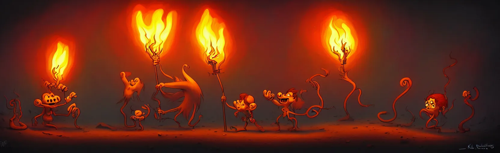 Image similar to wild whimsical mutants from the depths of a wasteland deep in the imaginal realm, dramatic lighting from fiery torches, surreal fleischer cartoon characters, shallow dof, surreal painting by ronny khalil