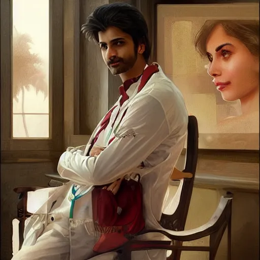 Image similar to Anxious good looking pale young Indian doctors wearing American clothes at the airport, portrait, elegant, intricate, digital painting, artstation, concept art, smooth, sharp focus, illustration, art by artgerm and greg rutkowski and alphonse mucha