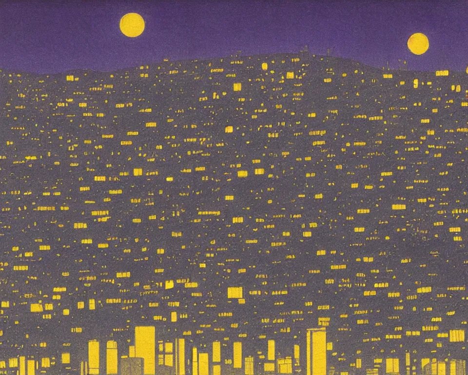 Image similar to achingly beautiful print of the Los Angeles skyline bathed in moonlight by Hasui Kawase and Lyonel Feininger.