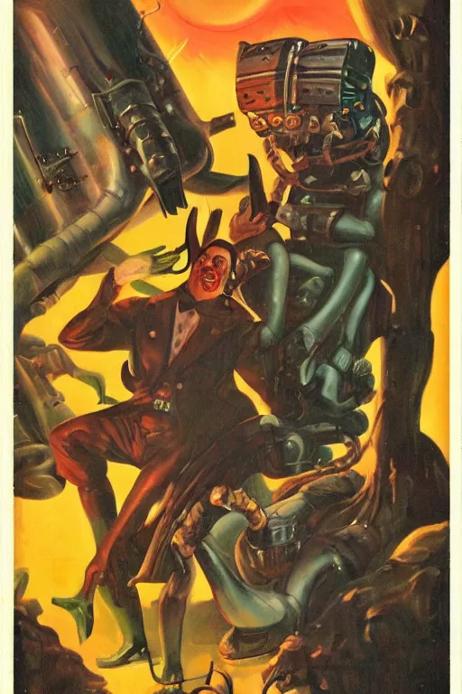 Image similar to 5 0 s pulp scifi fantasy illustration full body portrait monster wrecking laboratory, by earle bergey, edd cartier, howard v brown, frank r paul, astounding stories, amazing, fantasy, other worlds