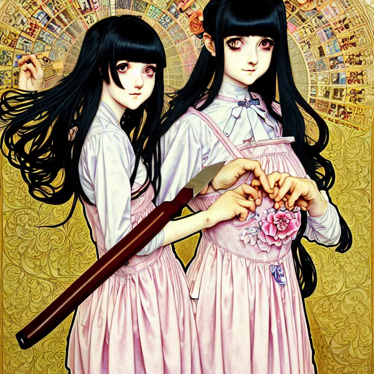 Image similar to portrait of a morbid 18 year old youth wearing a pretty little dress with straight silky black hair, in a butcher shop, holding a butcher knife, insanely and epically detailed high-quality small details, beautiful golden ratio, exquisitely detailed soft shadowig style, epic pencil illustration style, style of Range Murata and by Alphonse Mucha and by Katsuhiro Otomo.