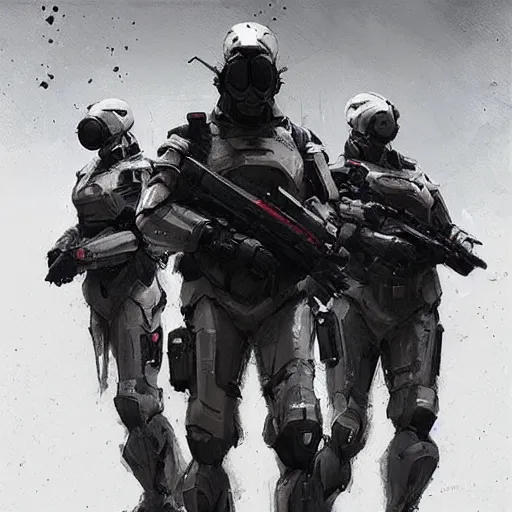 Image similar to concept art by greg rutkowski, soldiers wearing futuristic white and black tactical gear, shooting in a combat, brutalist futuristic interior, dim lighting, detailed portraits, stressfull atmosphere, scifi, digital painting, artstation, concept art, smooth, sharp foccus ilustration, artstation hq