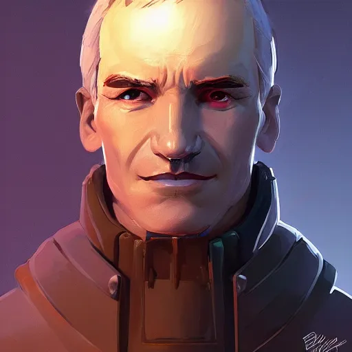 Image similar to Portrait of a futuristic general, LED helm, strong chin, lots of gallons on his jacket, mattepainting concept Blizzard pixar maya engine on stylized background splash comics global illumination lighting artstation lois van baarle, ilya kuvshinov, rossdraws