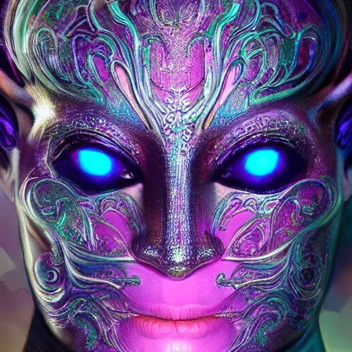 Image similar to Very very very very highly detailed epic photo of holographic face with demonic venetian mask, intricate, dystopian, sci-fi, extremely detailed, digital painting, artstation, concept art, smooth, sharp focus, illustration, intimidating lighting, incredible art by Artgerm and Vincent di Fate
