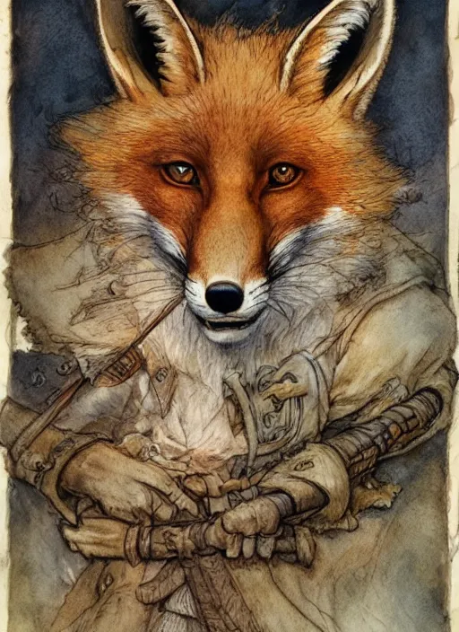 Image similar to portrait of a fox - faced ranger, dnd, gwelf, highly detailed, perfect lighting, watercolor and ink illustration, muted colors. perfect composition, 4 k, by brian froud, larry macdougall, jean - baptiste monge,