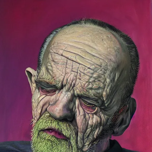 Prompt: macabre magic realism portrait of dying, old man sitting in chair and melting into unreal colors : : oil painting by ivan albright