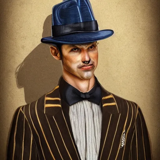 Image similar to a upper body portrait of a deer in a pinstriped suit and pants wearing a fedora with the antlers sticking out of the fedora by artgerm and wlop, intricate detail, digital art, photorealistic, trending on artstation