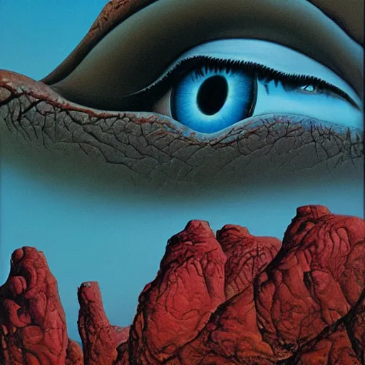 Prompt: Her eyes wide by Roger Dean, oil on canvas