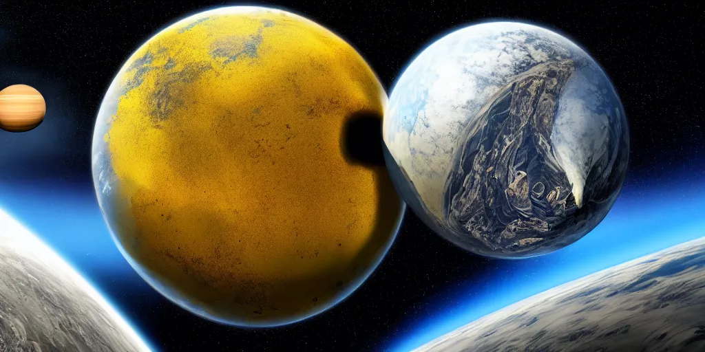 Image similar to realistic scene of 2 planets collide, bombs, golden, futuristic, 1 4 5 0, ink, ultra realistic, 8 k