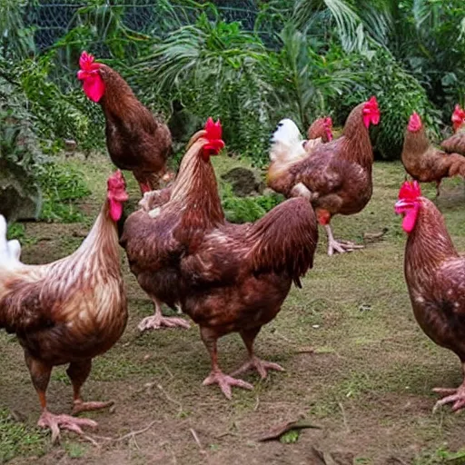 Prompt: chickens running in jurassic park movie