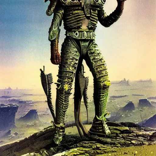 Image similar to sardaukar warrior on green planet, vintage sci - fi art, by bruce pennington