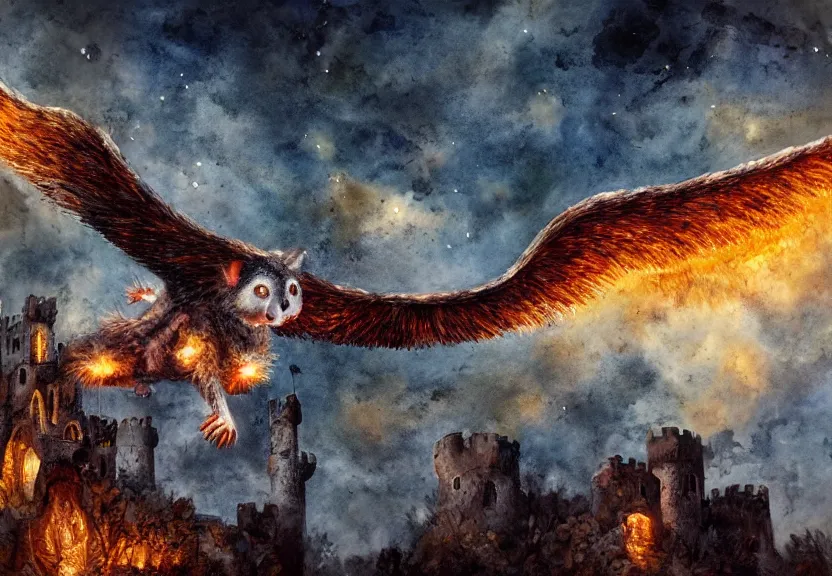 Image similar to legendary fire winged possum flying over a medieval forest castle at night under the dark starred sky, dark fantasy, watercolor, dreaming illusion, highly detailed, 4k, trending on Artstation