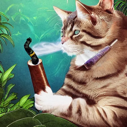 Prompt: A sad cat in an aquarium smoking a cigar, amazing digital art