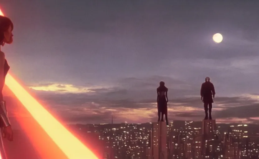 Image similar to iconic wide cinematic screen shot of luke skywalker facing a female sith lord, standing with a view of coruscant at sunset, from the thrilling scene from the 1 9 9 0 s sci fi film directed by stanley kubrick, moody cinematography, foggy volumetric lighting, hyper detailed scene, anamorphic lenses 2 4 mm, lens flare, award winning