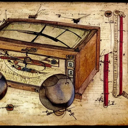 Image similar to vintage, detailed, colored sketch of time machine instruction, all parts, with full descriptions, on old parchment, by leonardo da vinci