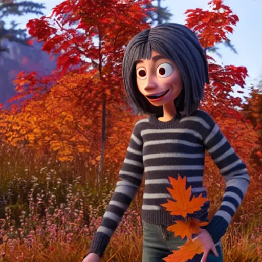 Image similar to a stopmotion animation character, a beautiful canadian woman, gardening, very attractive, messy dark grey hair, striped sweater, tight denim jeans, maroon doc marten boots, canadian maple leaves blowing about, mountains, autumn, unreal engine 5, 8 k, kubo and the two strings, disney, pixar,