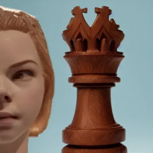 Image similar to carved chess piece with anya taylor - joy face carved in it