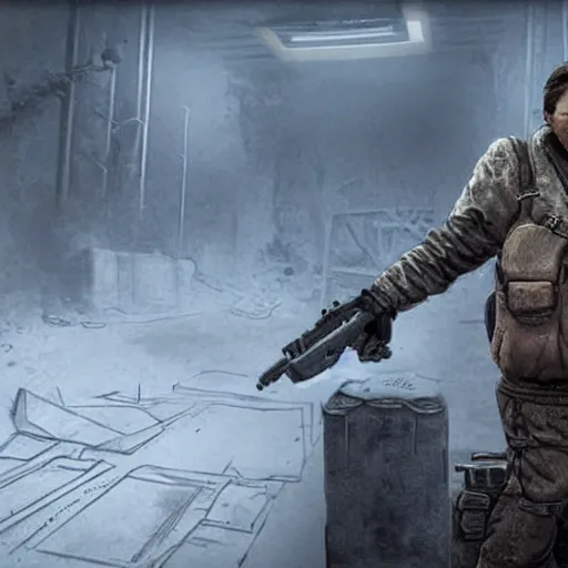 Image similar to young Lech Wałęsa as a game character in metro 2033