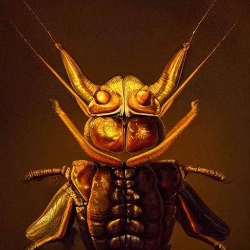 Prompt: anthropomorphic cockroach proudly posing for a portrait, painted by rembrandt intricate ultra detailed painting atmospheric lighting golden hour